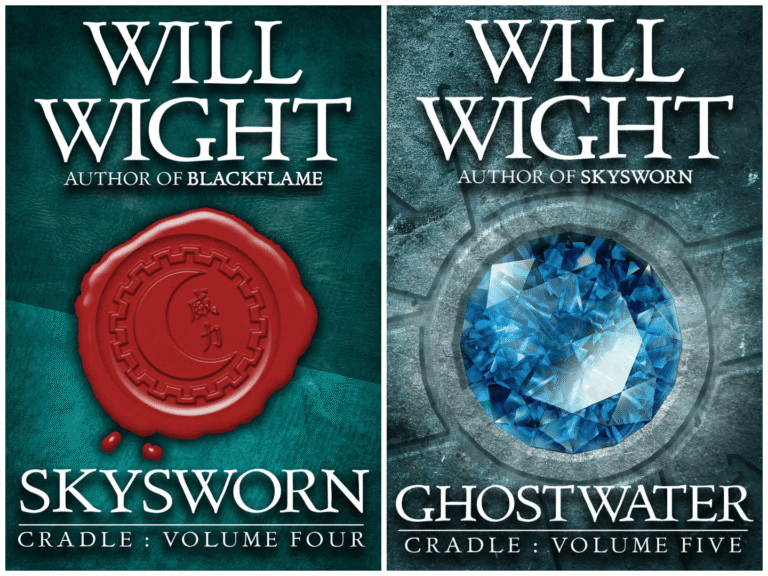 Book covers of Skysworn and Ghostwater, books 4 and 5 of the Cradle series by Will Wight